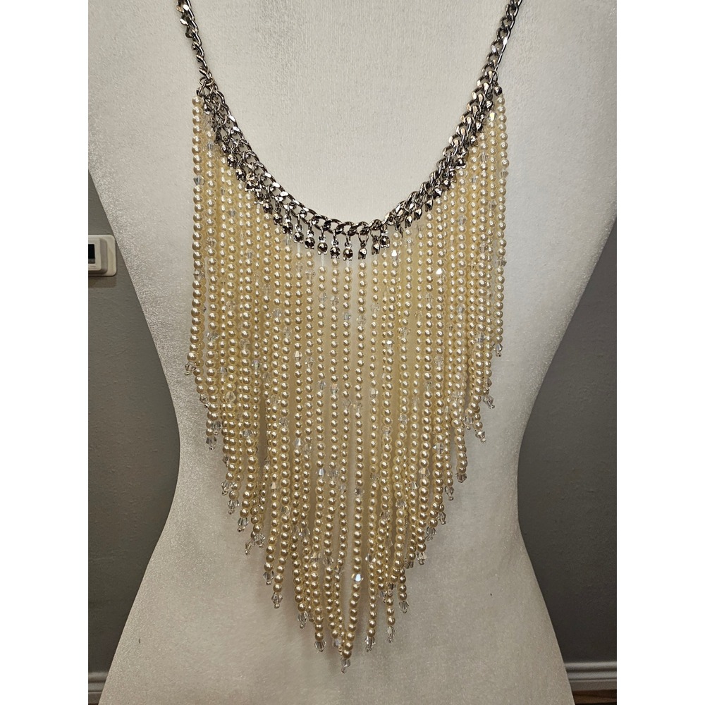 Silver Tone Faux Pearl and Crystal Fringe Statement Bib Necklace Cream